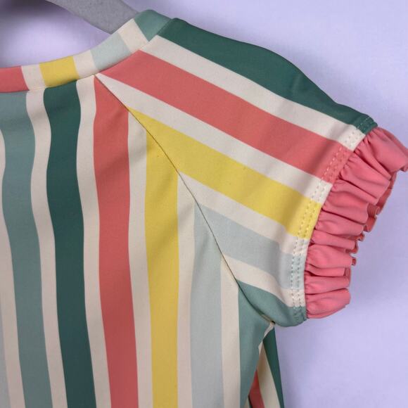 RuffleButts Rainbow Stripe Rash Guard Girls, Ruffle Trim, Swim Top, 2T-3T - Picture 7 of 8
